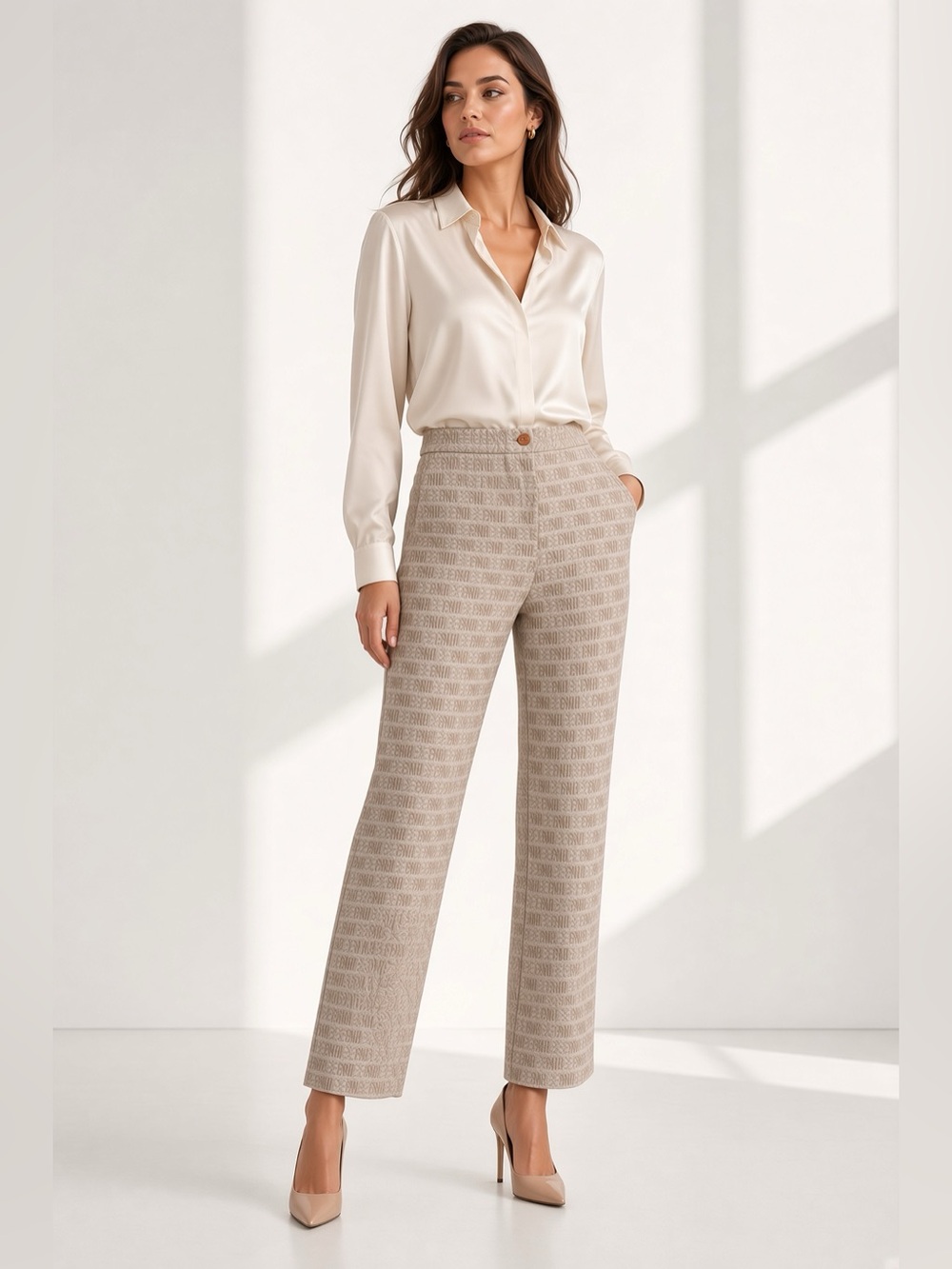 Fendi Beige Logo Jacquard Pants
